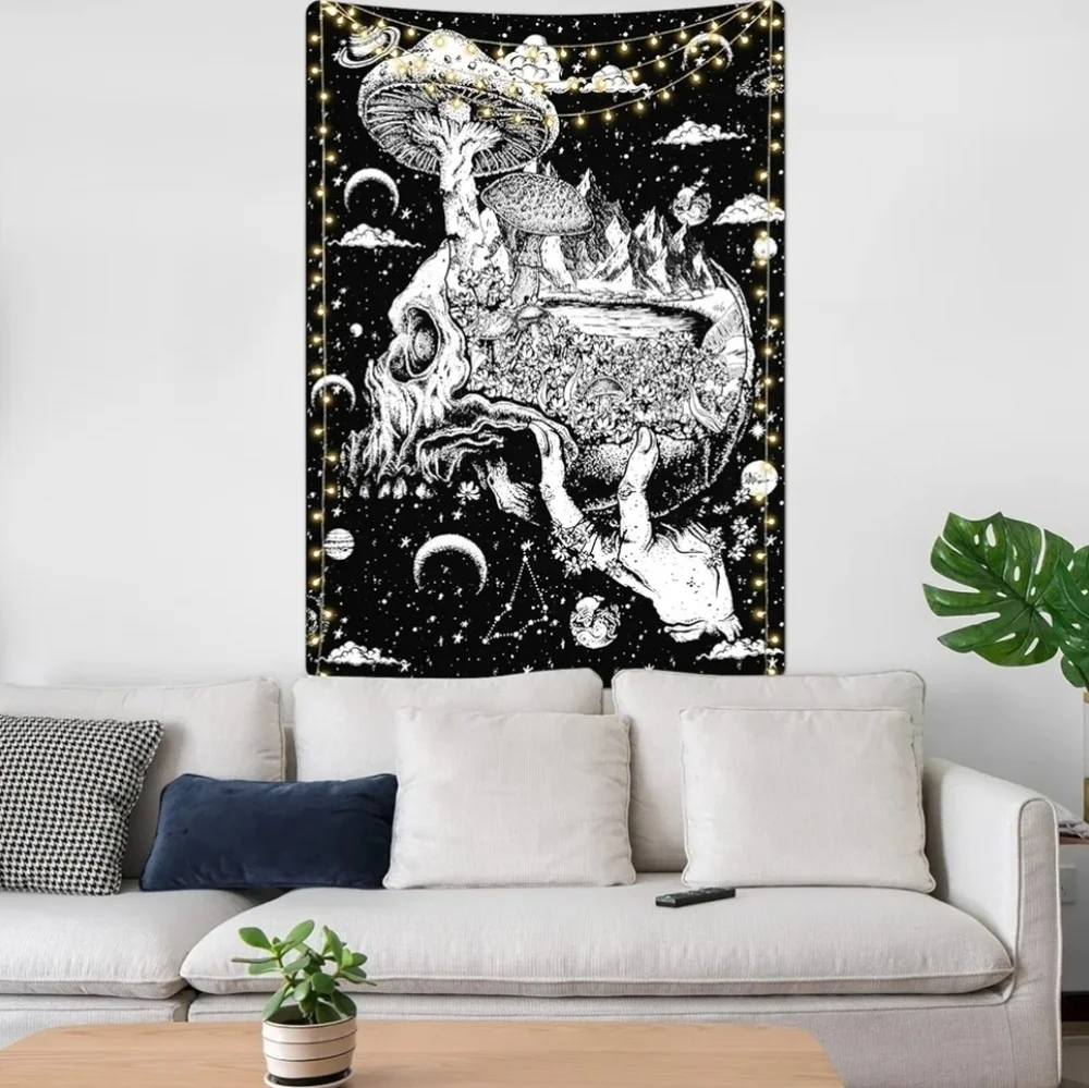 Hand Holding Skull Black White Mushroom Moon Dark Fantasy Goth Big Wall Tapestry